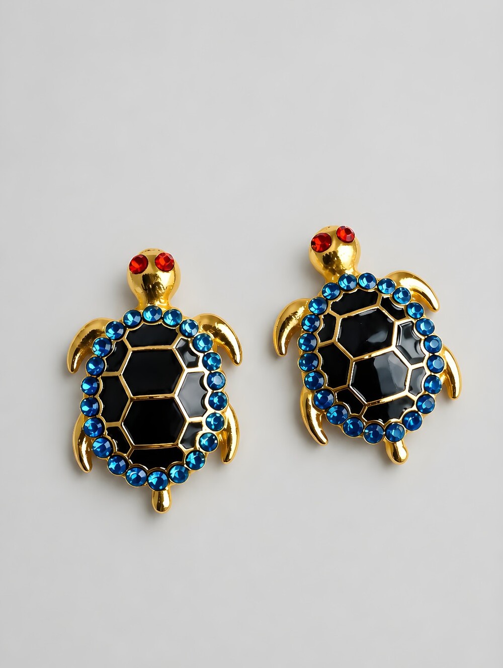 Vintage Gold Turtle Rhinestone Stud Enamel Earrings - Blue